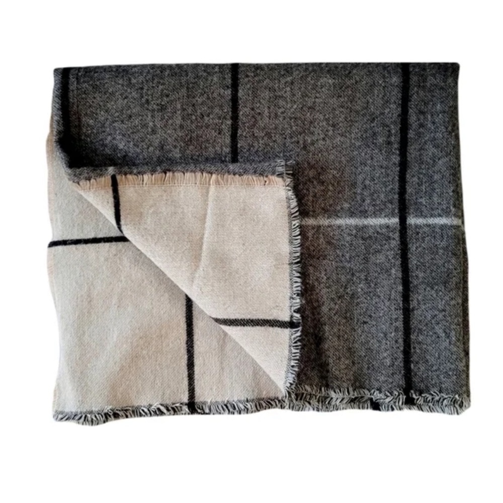 Zara Blanket Scarf with Windowpane Pattern with Fringe Ends | Grey & Beige
